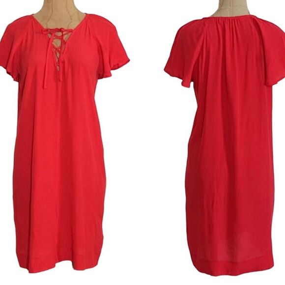 MADEWELL Dress Lace Up Front Flutter Sleeve Red Shift Size Medium - Picture 5 of 9